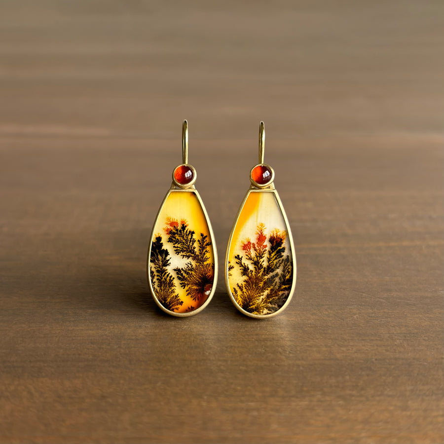 Burnished Dendritic Agate Drop Earrings with Garnets