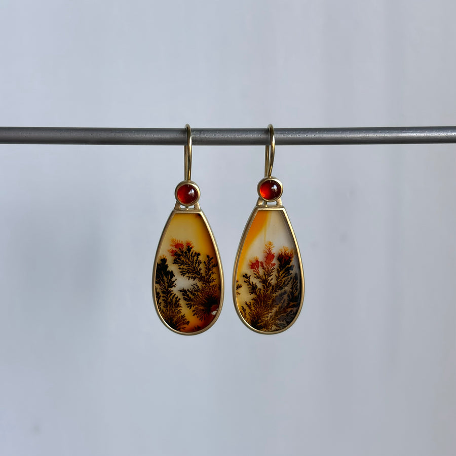 Burnished Dendritic Agate Drop Earrings with Garnets