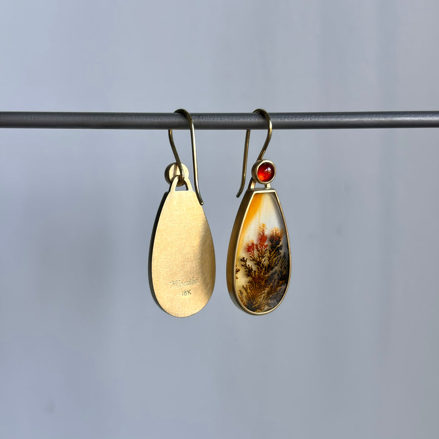 Burnished Dendritic Agate Drop Earrings with Garnets