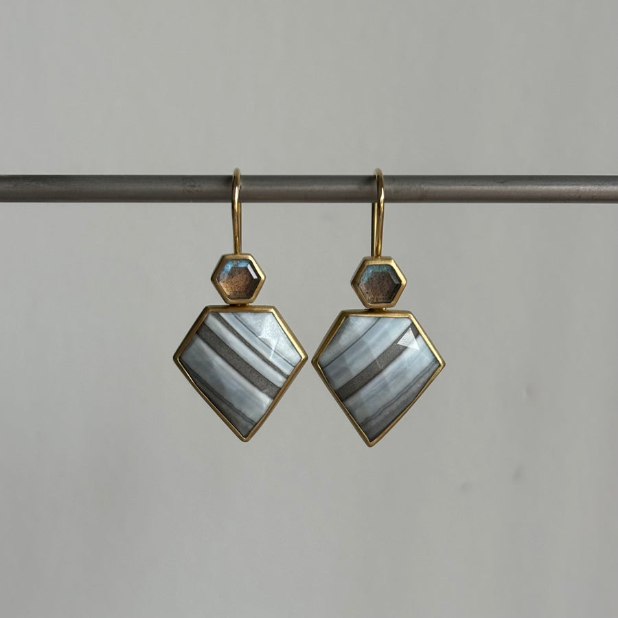 Striped Blue Opal Shield & Labradorite Hexagon Earrings