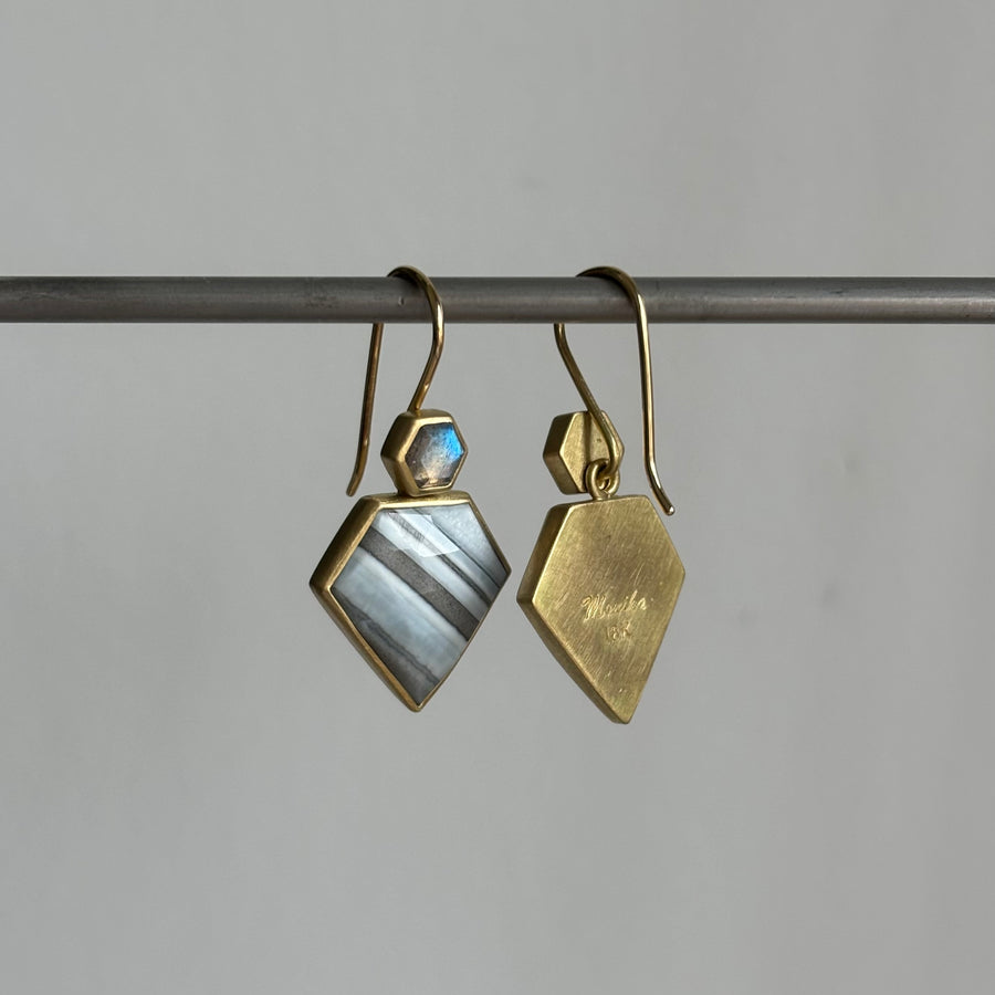 Striped Blue Opal Shield & Labradorite Hexagon Earrings