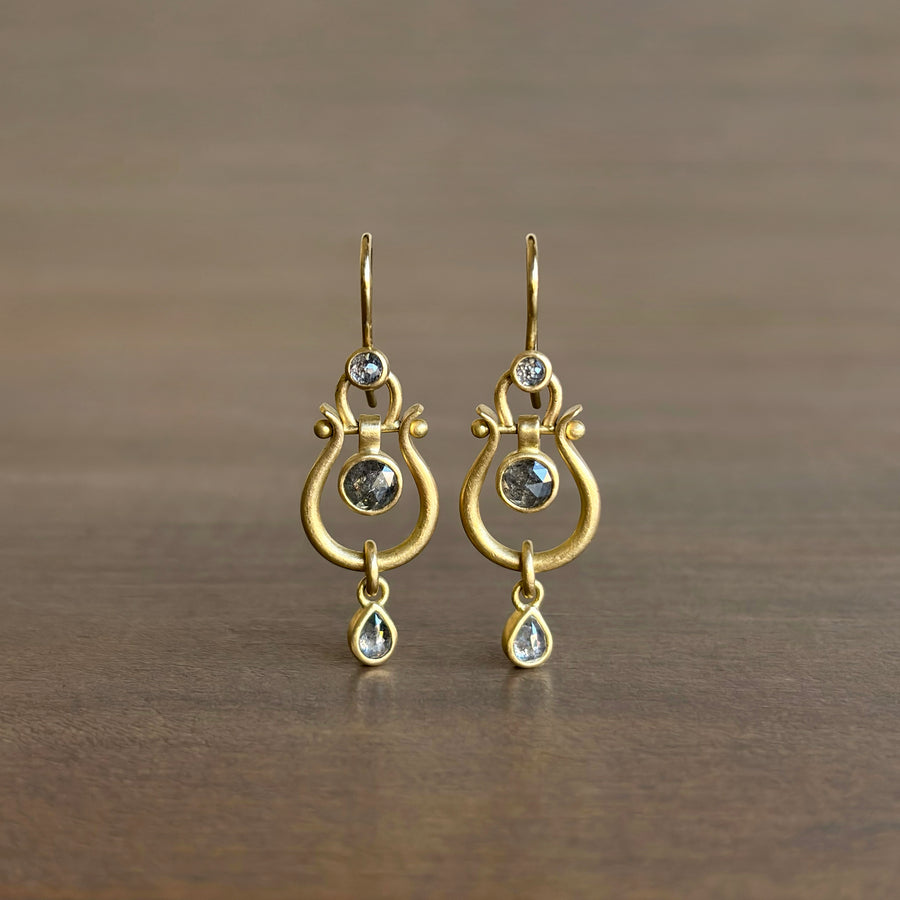 Small Gold Lyre Earrings with Salt & Pepper Diamonds