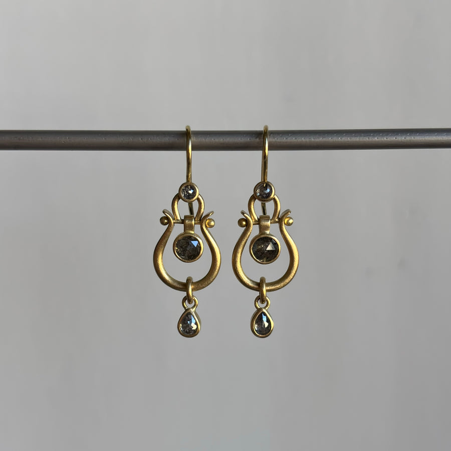 Small Gold Lyre Earrings with Salt & Pepper Diamonds