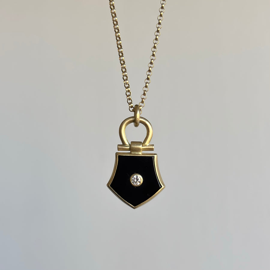 Flat Top Onyx Shield Pendant with Diamond