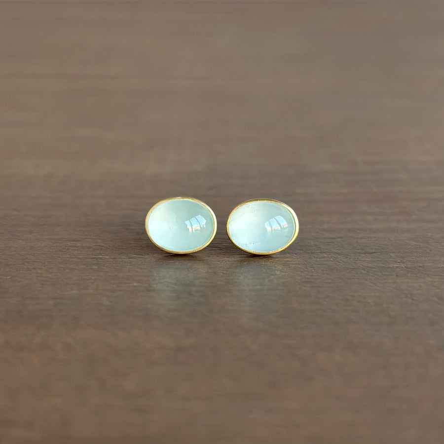 Milky Oval Brazilian Aquamarine Cabochon Stud Earrings