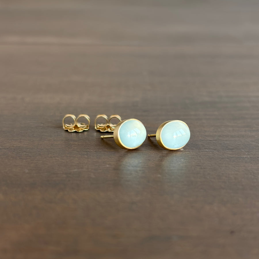 Milky Oval Brazilian Aquamarine Cabochon Stud Earrings