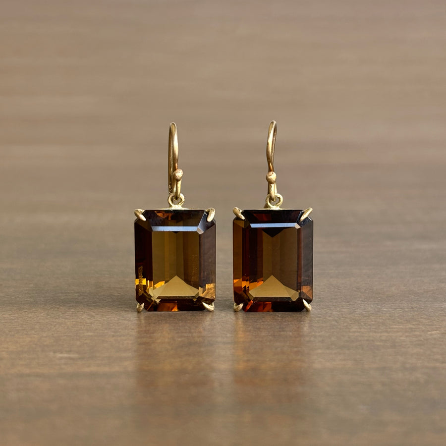 Large Emerald Cut Cognac Quartz Earrings