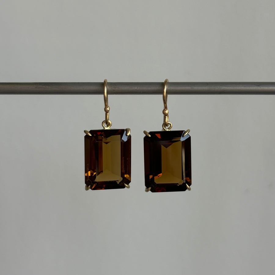 Large Emerald Cut Cognac Quartz Earrings