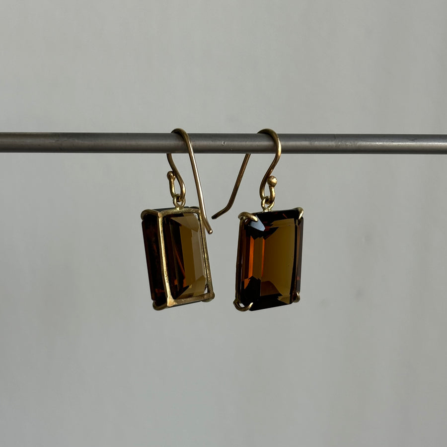 Large Emerald Cut Cognac Quartz Earrings