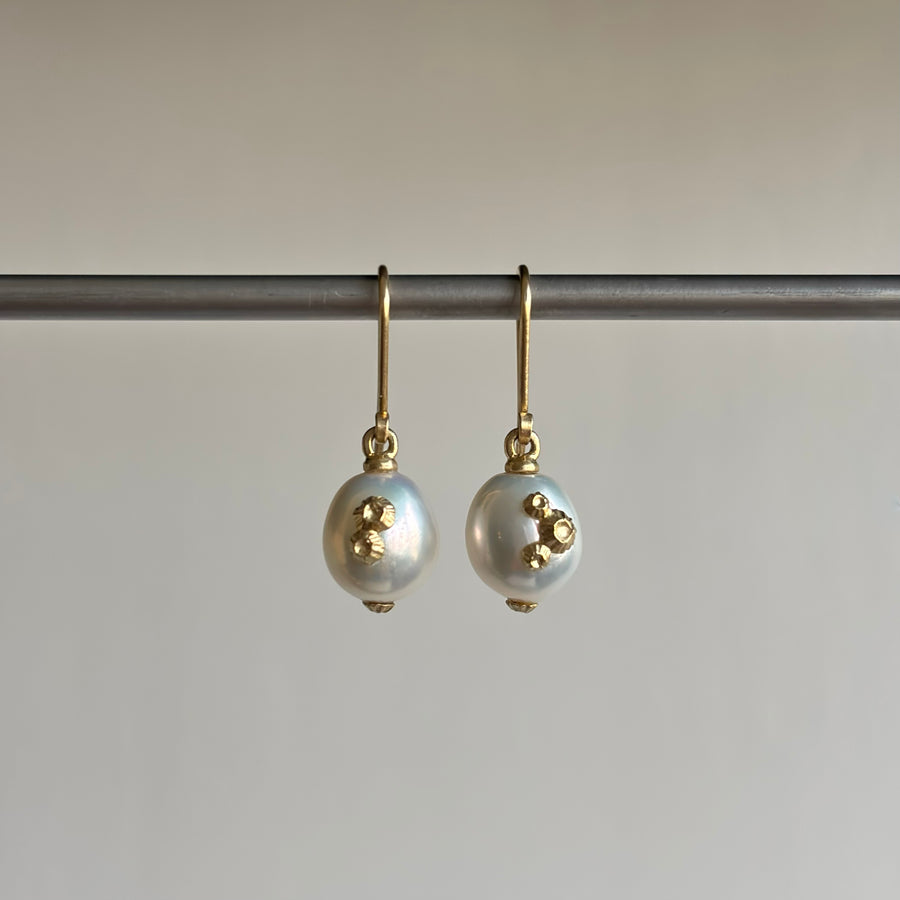 Moonshine Baroque Pearl Earrings with Gold Barnacles