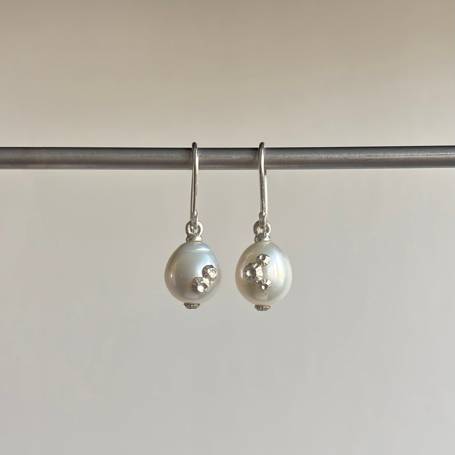 Moonshine Baroque Pearl Earrings with Silver Barnacles