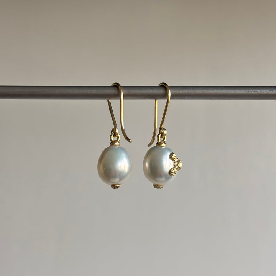 Moonshine Baroque Pearl Earrings with Gold Barnacles