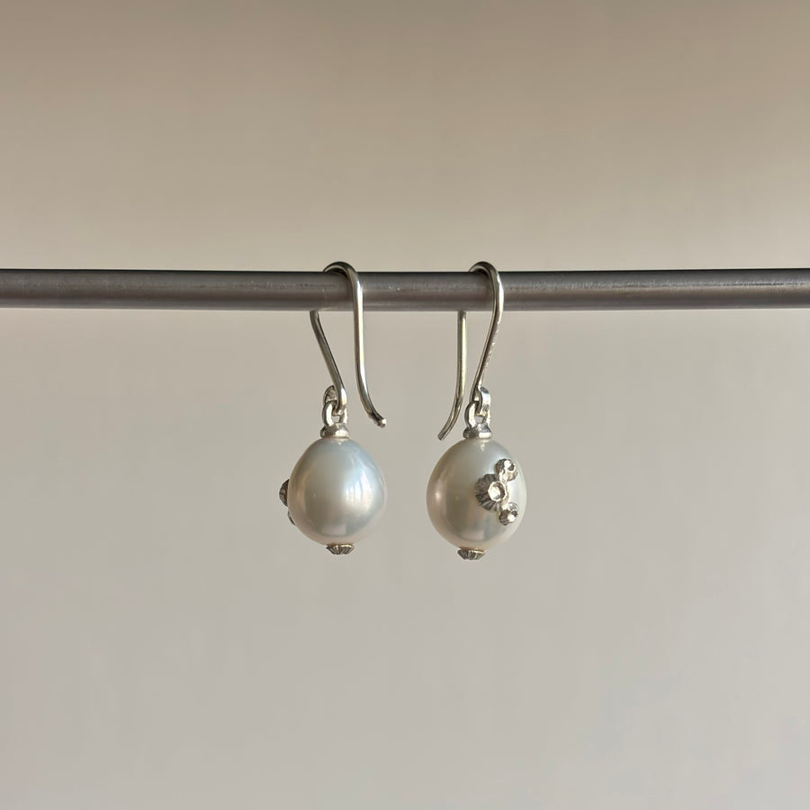 Moonshine Baroque Pearl Earrings with Silver Barnacles