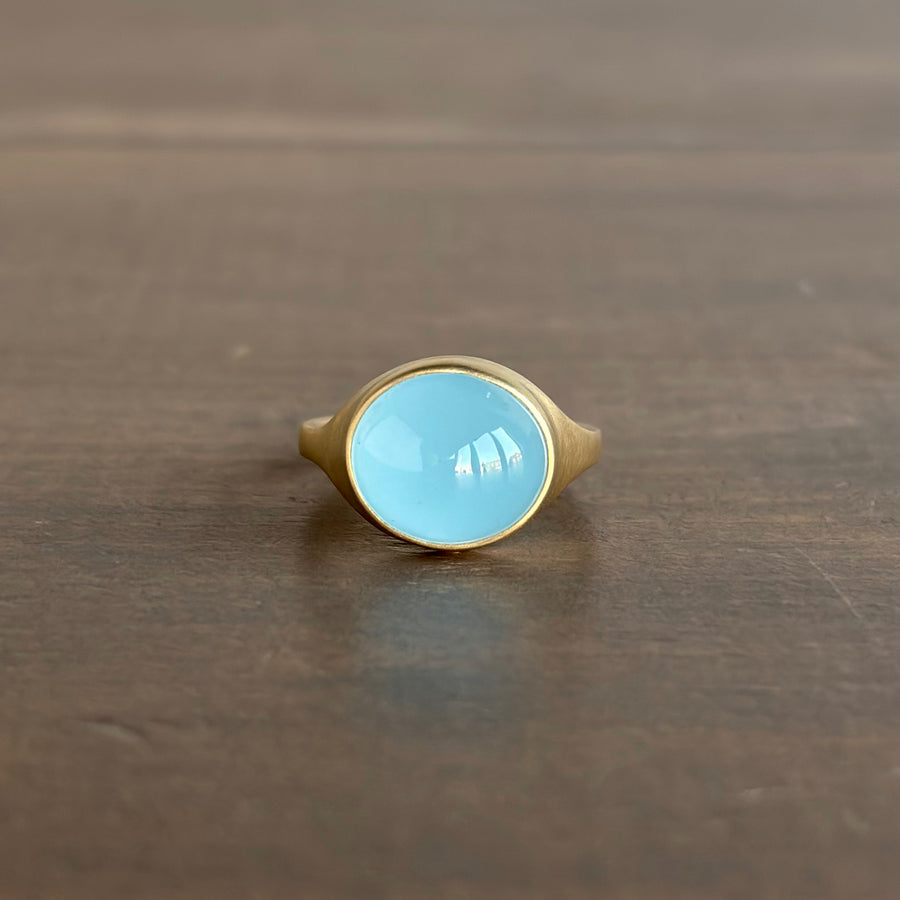 Horizontal Oval Milky Aquamarine Cabochon Cast Ring