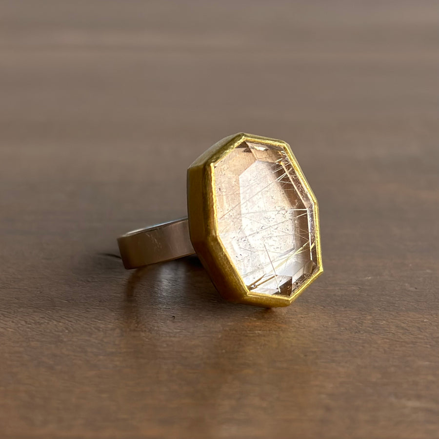 Large Smoky Rutilated Quartz Tablet Ring