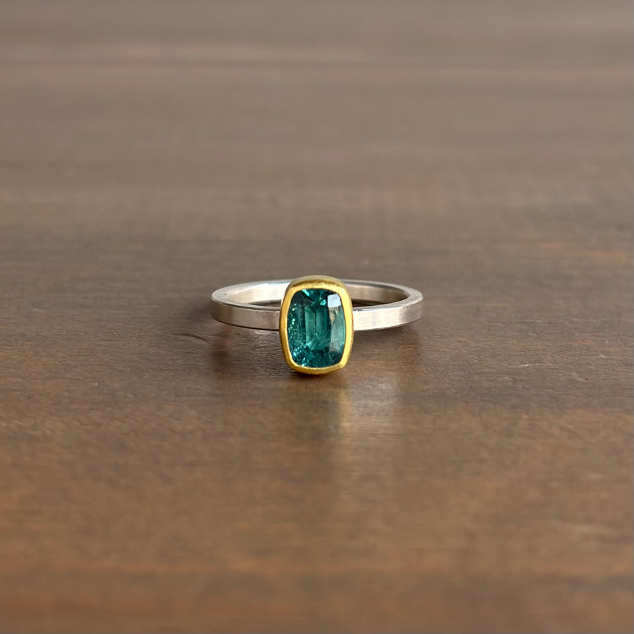 Blue/Green Tourmaline Cushion Ring