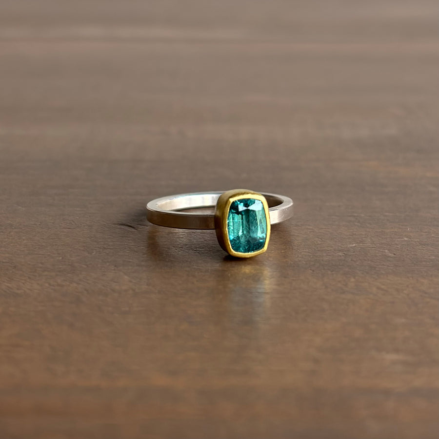 Blue/Green Tourmaline Cushion Ring