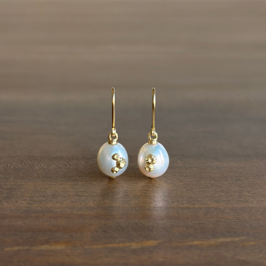 Moonshine Baroque Pearl Earrings with Gold Barnacles