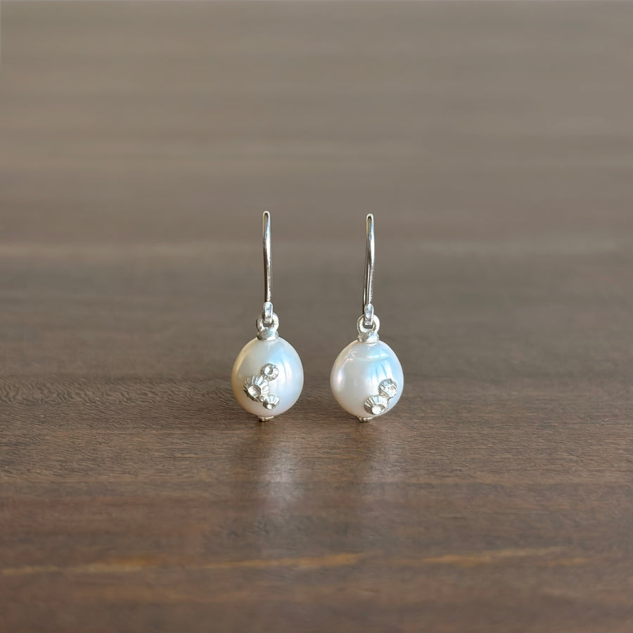 Moonshine Baroque Pearl Earrings with Silver Barnacles