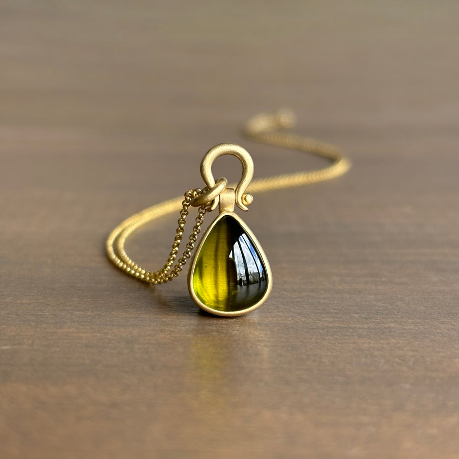 Olive Tourmaline Cabochon Drop Pendant with Lyre Bail