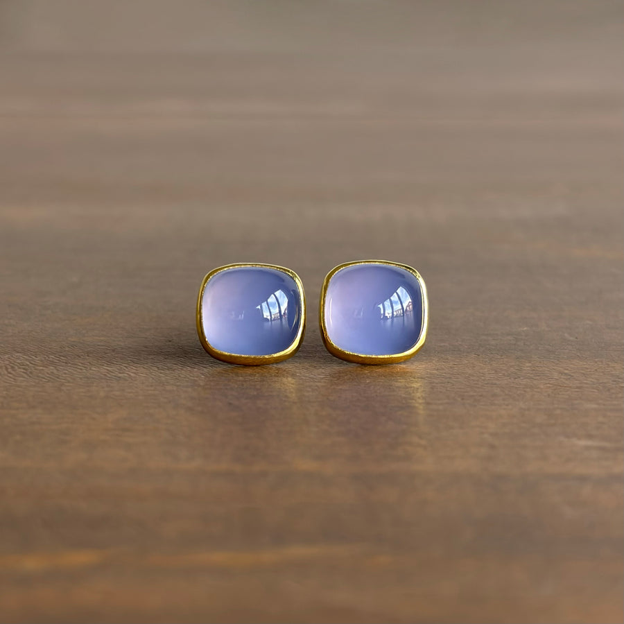 Blue Chalcedony Cushion Cabochon Stud Earrings