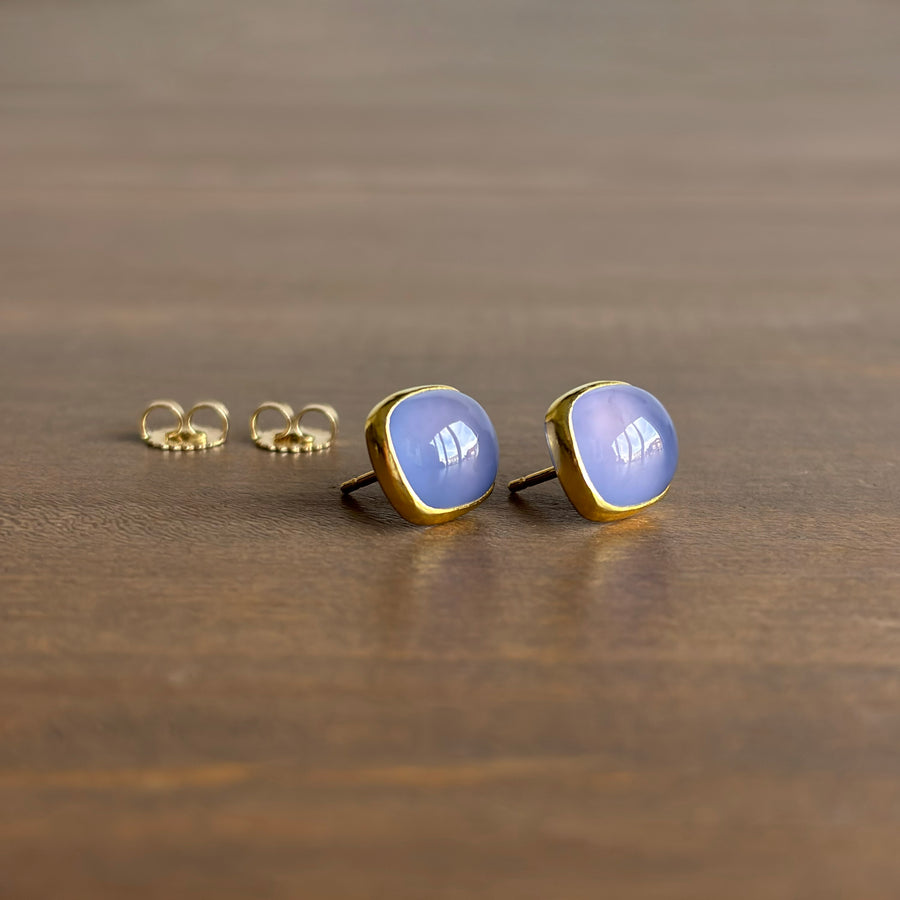 Blue Chalcedony Cushion Cabochon Stud Earrings