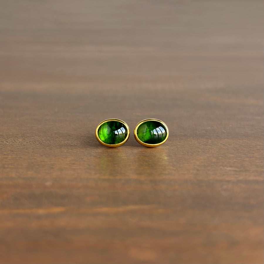 Oval Green Tourmaline Cabochon Stud Earrings