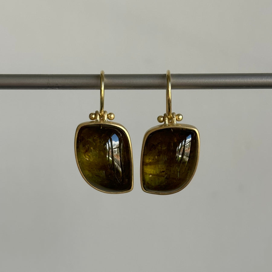 Olive Tourmaline Leaf Cabochon Earrings