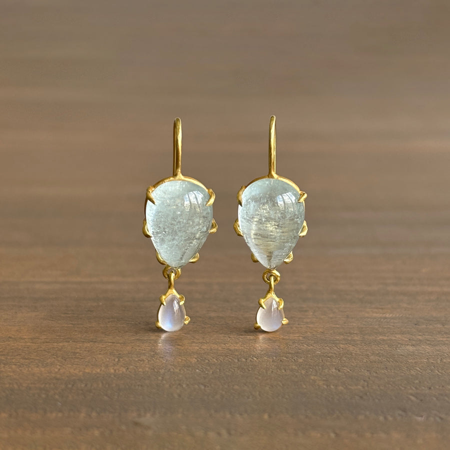 Aquamarine & Moonstone Cabochon Drop Earrings