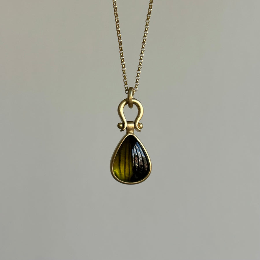 Olive Tourmaline Cabochon Drop Pendant with Lyre Bail