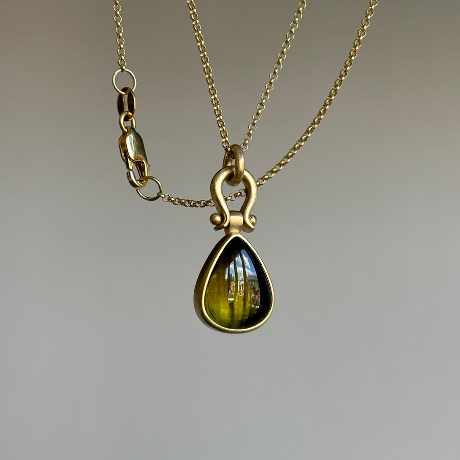 Olive Tourmaline Cabochon Drop Pendant with Lyre Bail