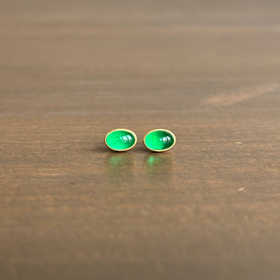 Oval Emerald Cabochon Stud Earrings