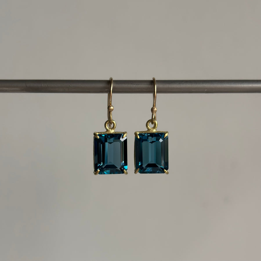 Small Emerald Cut London Blue Topaz Earrings