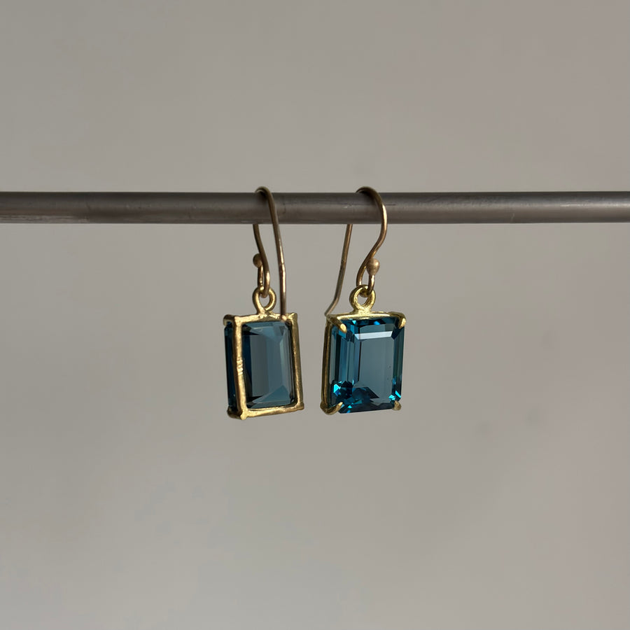 Small Emerald Cut London Blue Topaz Earrings