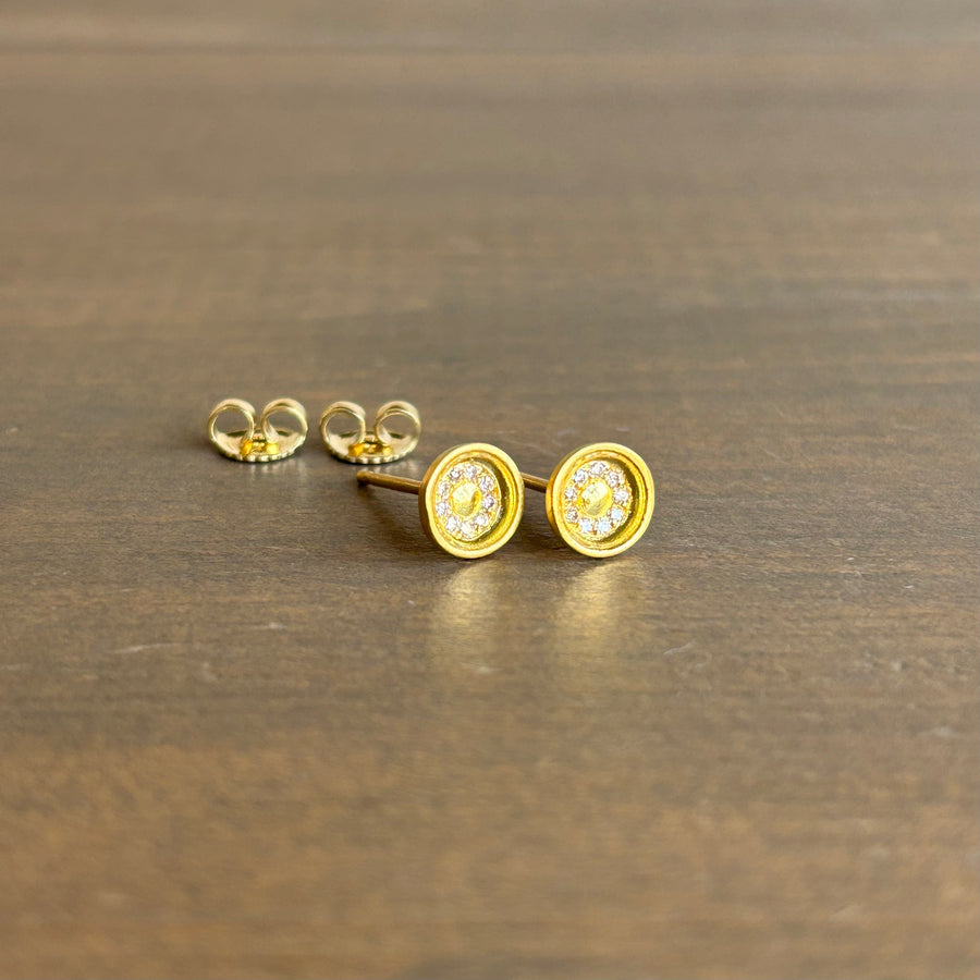 Large Concave Stud Earrings with Pavé Diamonds