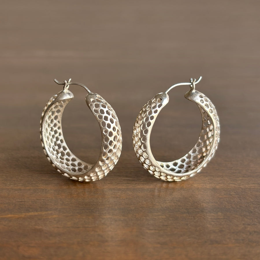 Small Round Silver Snakeskin Hoop Earrings