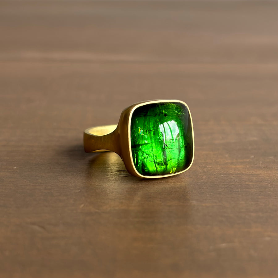 Square Forest Green Tourmaline Cabochon Cast Ring