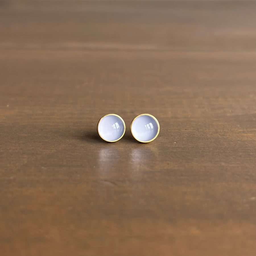 Round Blue Chalcedony Cabochon Stud Earrings