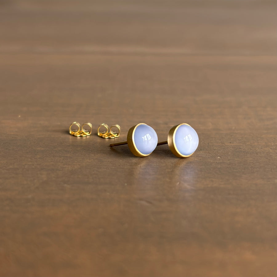 Medium Round Blue Chalcedony Cabochon Stud Earrings