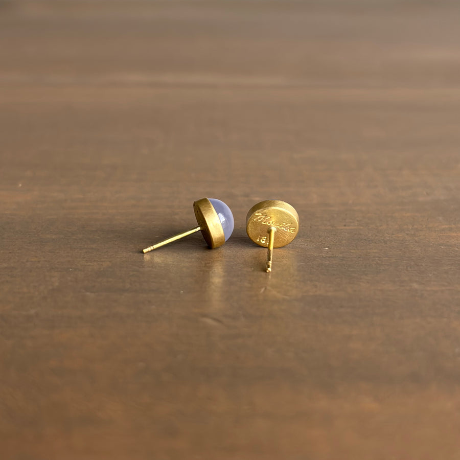 Medium Round Blue Chalcedony Cabochon Stud Earrings