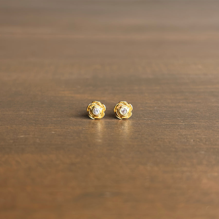 Little Gold Rose Garden Stud Earrings with Diamonds