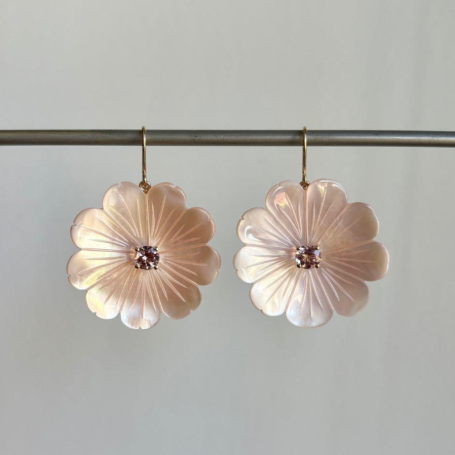 Large Mother of Pearl Flower Earrings with Light Tourmalines