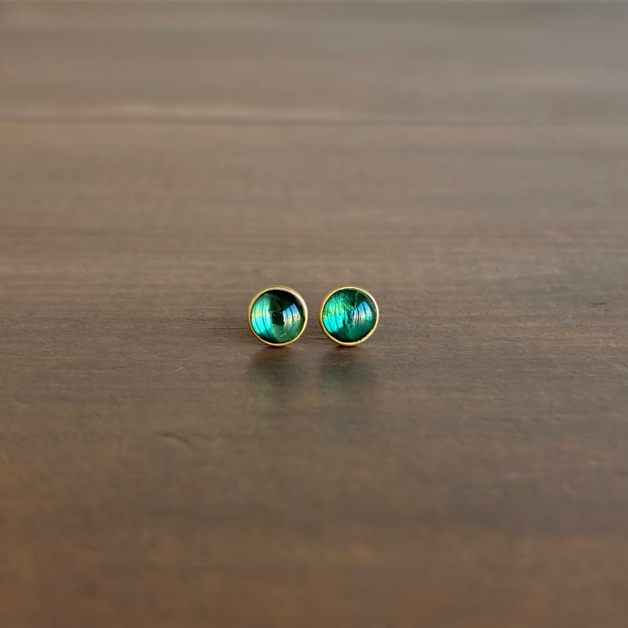 Round Bluegreen Tourmaline Cabochon Stud Earrings