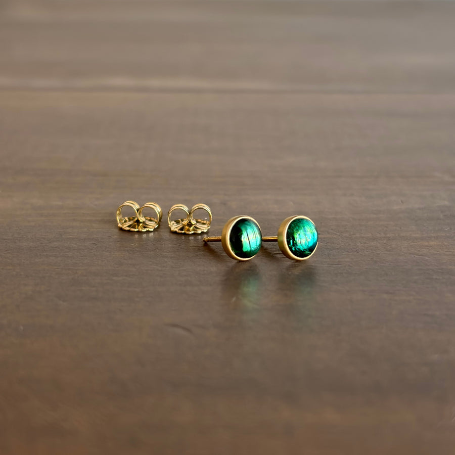 Round Bluegreen Tourmaline Cabochon Stud Earrings