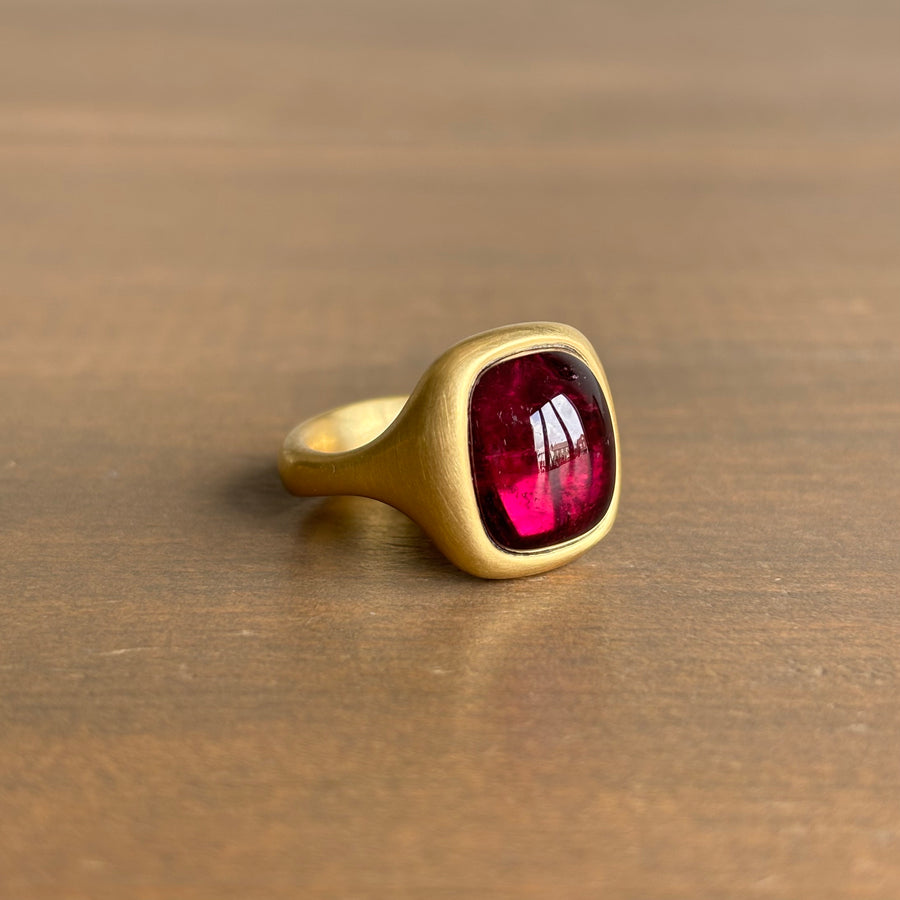 Deep Fuchsia Cushion Tourmaline Signet Ring