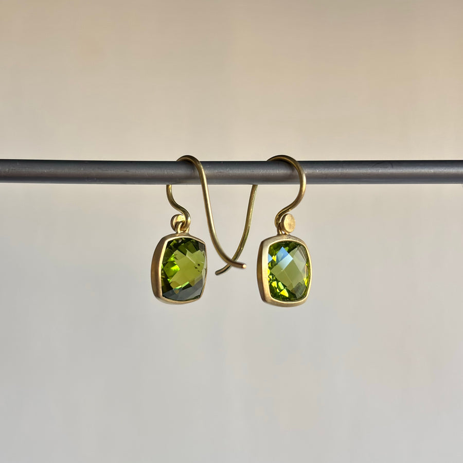 Checkered Peridot Cushion Drop Earrings