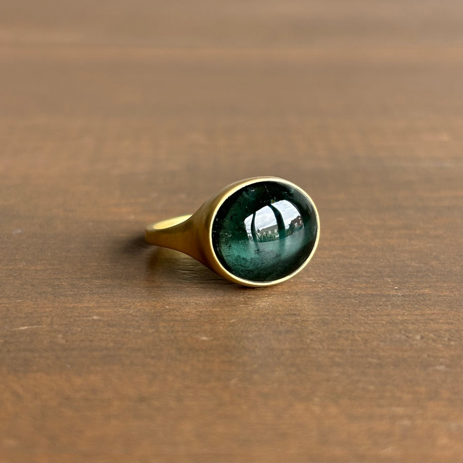 Blue/Green Oval Tourmaline Cabochon Horizontal Cast Ring