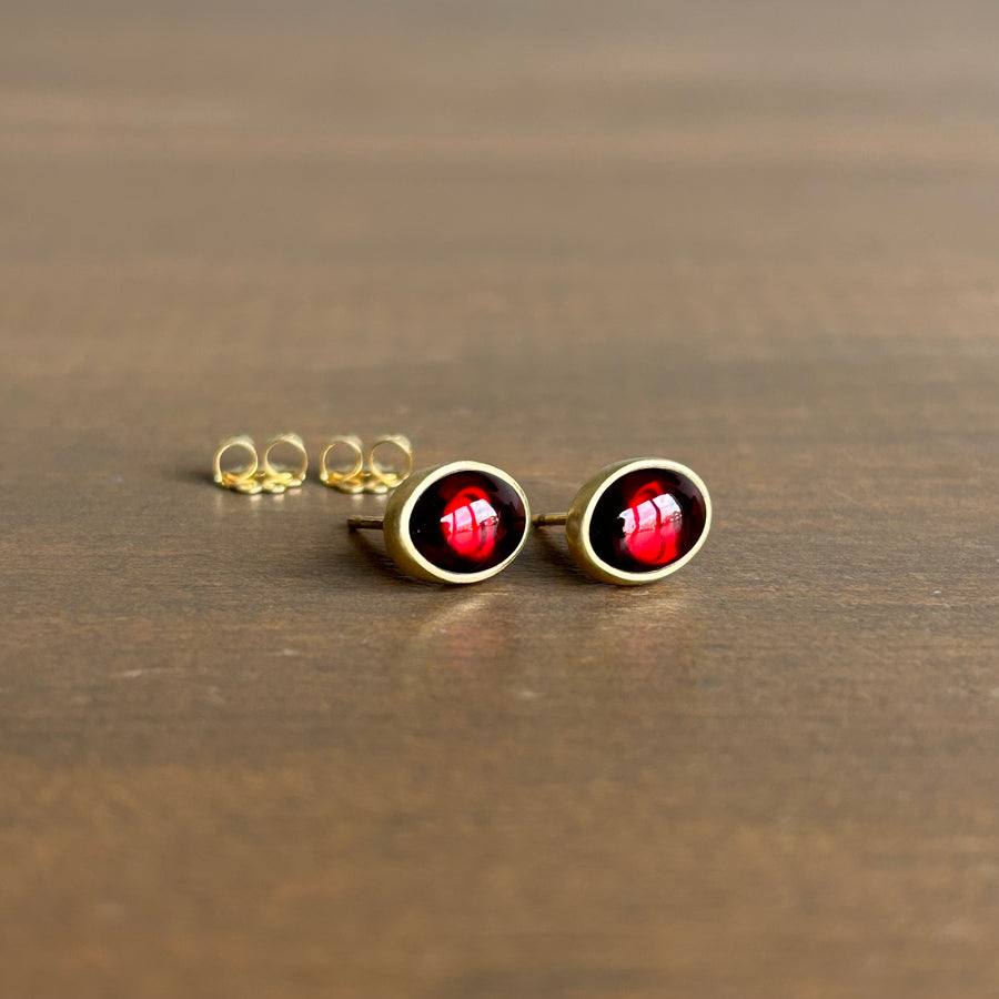 Oval Garnet Cabochon Stud Earrings