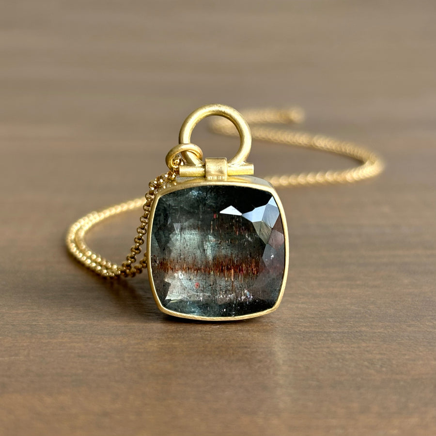 Square Moss Aquamarine with Copper Rutiles Pendant