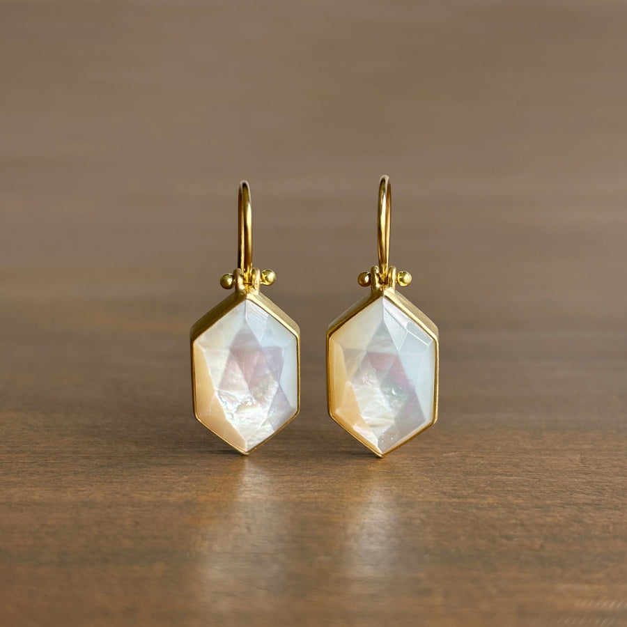 Long Rose Cut Hexagon Mother of Pearl Earrings